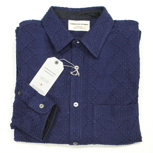 1108 藍(粉染め)刺し子&木製ボタン付き リネンシャツ(女性用S) www