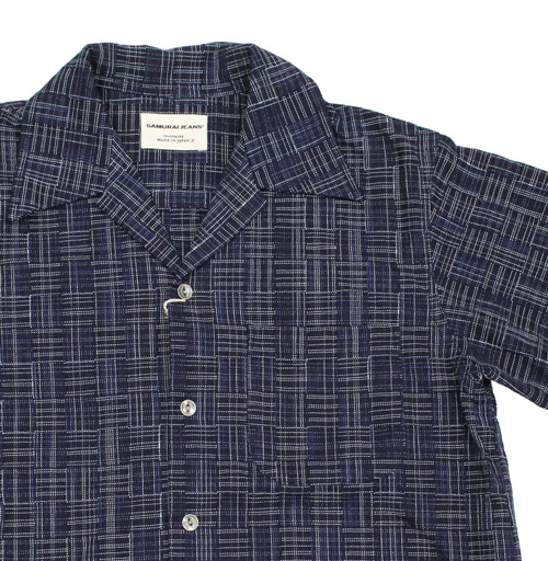 サムライジーンズ藍市松絣オープンカラーシャツ